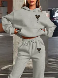 Women's Hooded Sweatpants Set, Fall & Winter Fitted Regular Length, Love Leopard Heart Print, Casual Daily Wear, Knit Lounge Set
