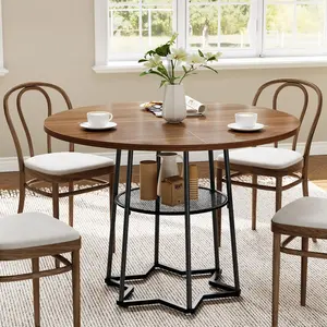 【GARVEE】Round Dining Table for 4, 39 Inch Farmhouse Kitchen Table with 17.7 In Storage Space, Heavy Duty Metal Base, for Kitchen Dining Room, Brown