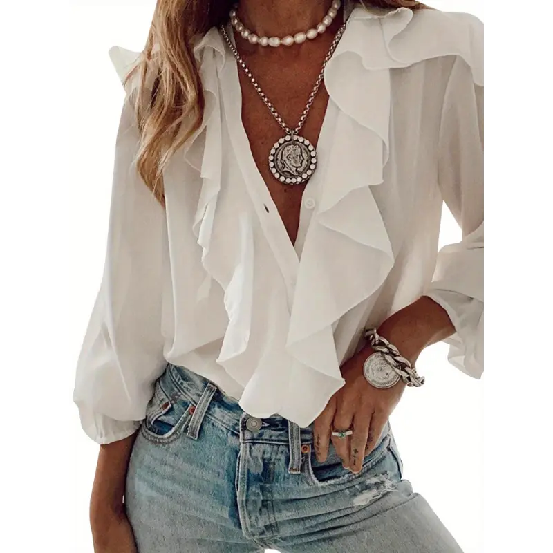 [Elegant Blouse] Pink Lightweight Polyester Women's Elegant V-Neck Chiffon Blouse | Floral Print, Long Sleeve, Casual Boho Style, Ruffle Sleeves, Perfect for Spring & Fall