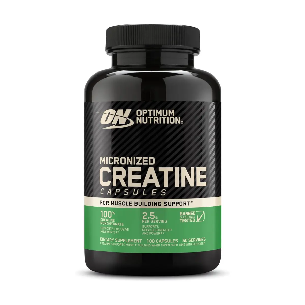 Optimum Nutrition Micronized Creatine Monohydrate Capsules, 2.5g per Serving, 100 Count (50 Servings), Banned Substance Tested, Supports Strength & Recovery, Easy to Swallow Amino Acid Nutritional Supplement