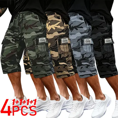 Men's 4-Pack Polyester Blend Patchwork Camo Cargo Shorts, Multi-Size, Adjust-Fit Drawstring Waist, High-Capacity Side Pockets, Fitted Cut, Casual Streetwear Bottoms, Multi-Size Men's Shorts, Side Pocket Men's Shorts