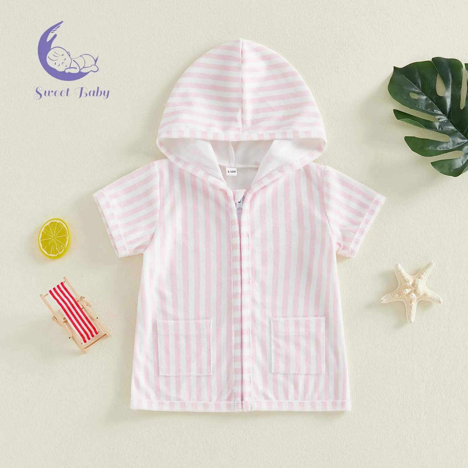 1-2 Years Girls' Striped Zip-Up Short-Sleeve Hooded Swim Cover-Up, Elastane Kids' Pool & Beach Robe (45 cm Length)