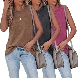 Women’s pure cotton sleeveless crew neck T-shirt, vintage distressed wash, loose casual tank top, 3-pack fathersdaygift