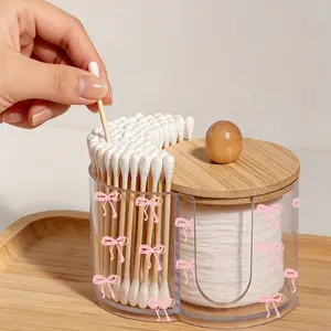 Mini Pink Bow Pattern 2-in-1 Transparent Plastic Storage Box with Bamboo Lid — Desktop Cosmetics Organizer featuring Dual Circular Cutouts and Two Transparent Compartments — Modern Vanity Organizer & Gift for Women