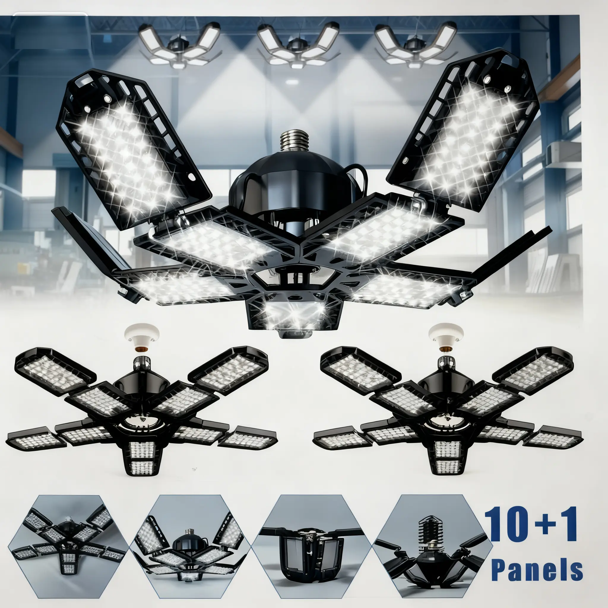 Led Garage Light,Garage Lights Ceiling LED with E26/E27 Medium Base, 6000K Deformable LED Shop Lights with 10+1 Adjustable Panels for Garage, Workshop, Attic, Basemen solar  powered  light Fixtures Modern Design