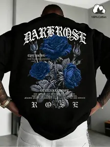 Unisex Dark Blue Rose Print Short Sleeve T-Shirt, Gothic Street Style, Cotton, Slim-Fit, Summer Fashion, Casual Wear