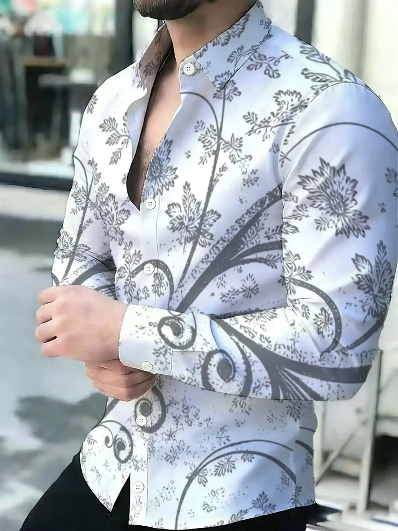 Gray & White Paisley Patterned Men's Long Sleeve Casual Shirt