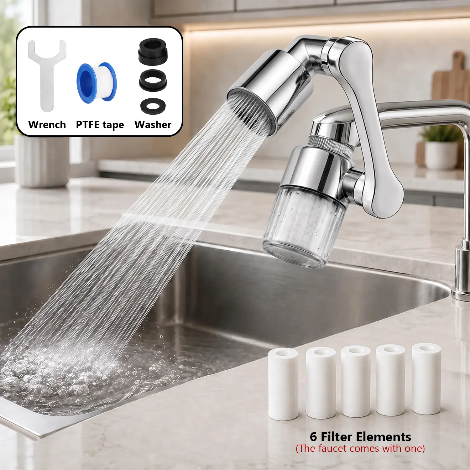 LZDJTQ Kitchen Sink Faucet Filter, 5 Filter Elements Water Purifier Attachment, High Pressure Water Saving Faucet Aerator with Easy Installation Tools, Removable Replacement Filter for Cleaner Tap Water