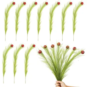 10 count Christmas Tree Topper Decorations, 17" Xmas Artificial Green Stems Lime Green Curly Tree Picks with Red Ball for Christmas  Office Party Wreath DIY Craft Decoration Supplies