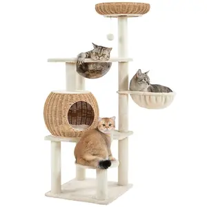 【Valentine Gift】Yaheetech 54in Rattan Cat Tree Tower with Luxury Woven Condo, Clear Bowl, Washable Cushions, and Scratching Posts, Cat Furniture for Indoor Cats
