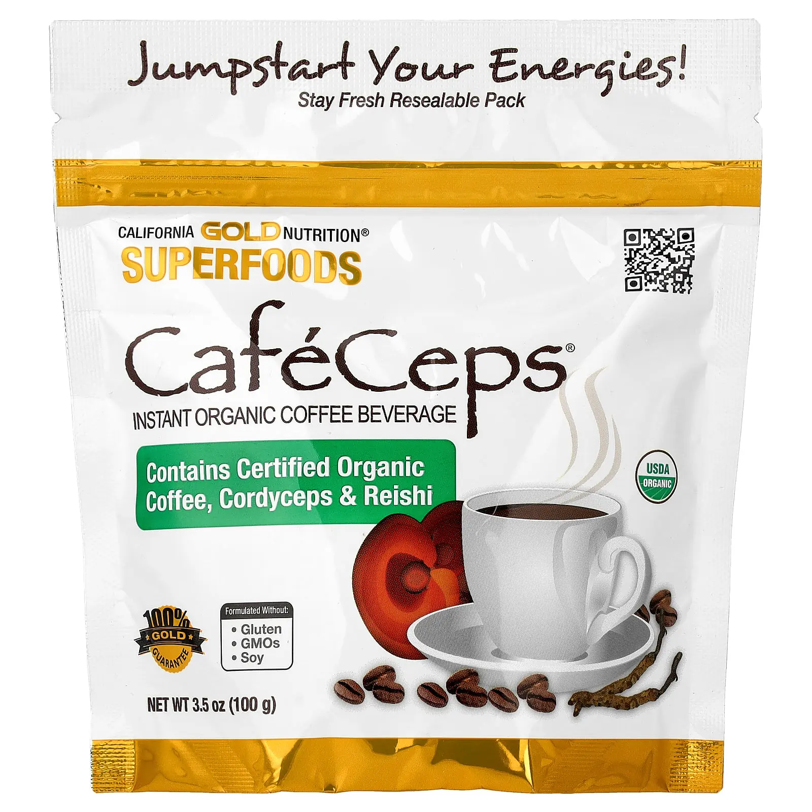 California Gold Nutrition CafeCeps®, Certified Organic Instant Coffee with Full-Spectrum, Organic Cordyceps and Reishi Mushroom Powder, 3.5 oz (100 g)