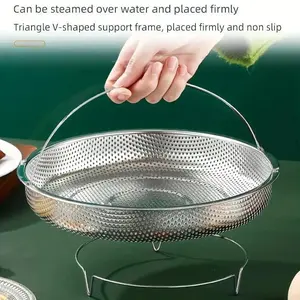 1pc Stainless Steel Steaming Rack, Household Steaming Grid, Draining Basket, Washing Fruit Strainer, Steamer Basket with Handle