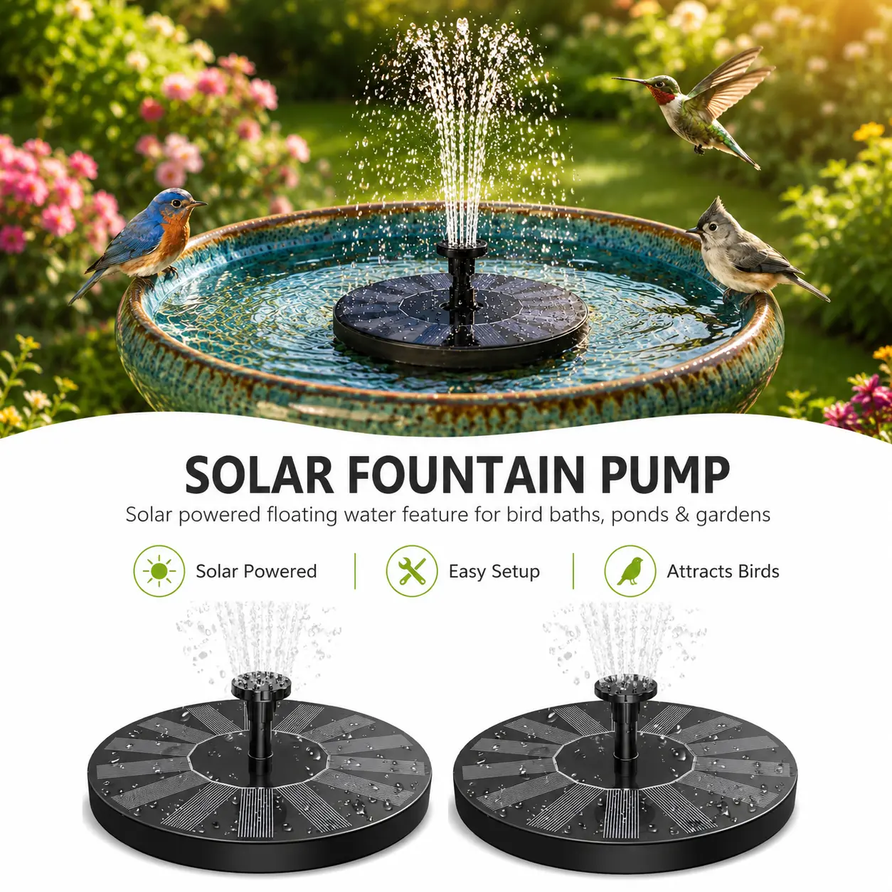 Solar Fountain Pump for Bird Bath, Upgraded 5.1/6.3 inch Solar Powered Water Fountain with 6 Nozzles, Floating Free Standing Fountain for Backyard Garden Pond, Patio, Pool, Attracts Birds bath fountain pump