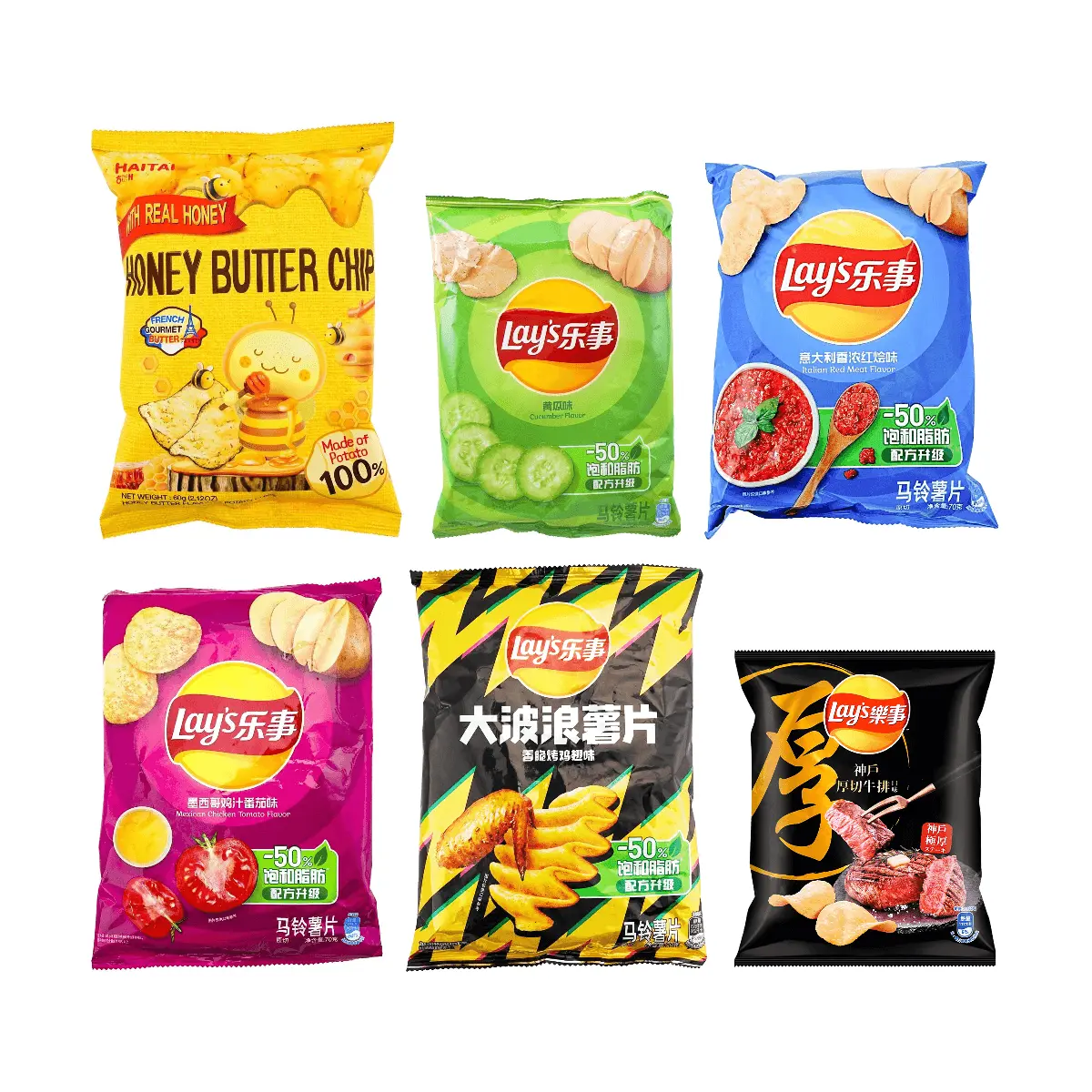 Lay's Global Flavors Potato Chips Variety Pack (6 Bags, 374g) - Honey Butter, Sea Salt, and More - Korean Snack Bundle