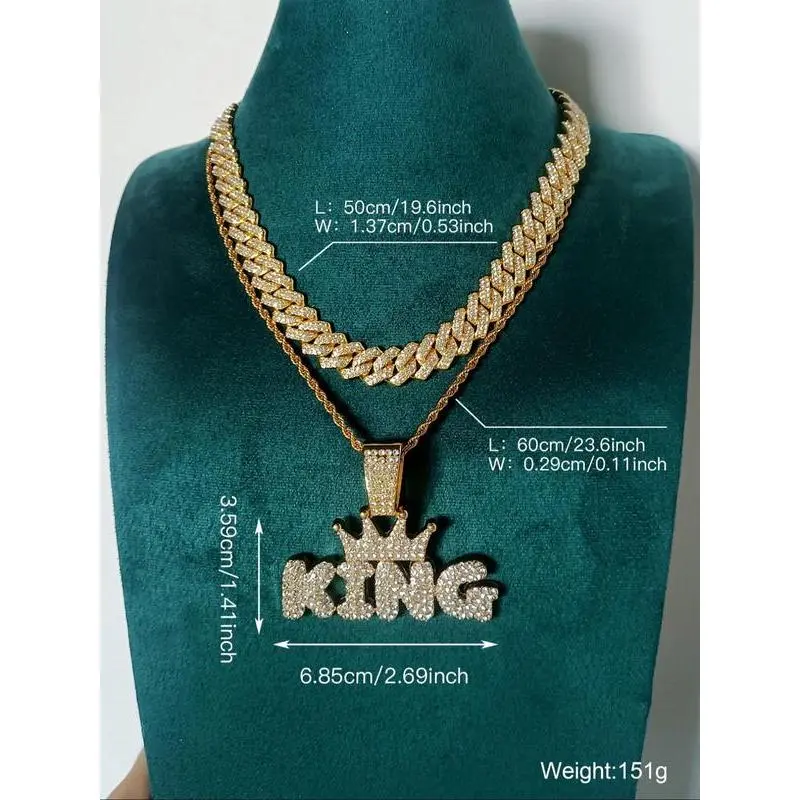 Hip Hop Crown & King Pendant Chunky Chain Necklace, Rhinestone Decor Cuban Link Layered Necklace for Men, Fashion Accessories for Party, Daily Decor Hip Hop Crown & King Pendant Chunky Chain Necklace, Rhinestone Decor Cuban Link Layered Necklace for Men, Fashion Accessories for Party, Daily Decor