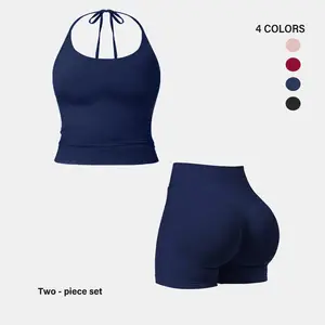 Women's Summervibes Halter-Neck Backless Top & High-Waisted Athletic Shorts Set — Soft, Skin-Friendly Fabric with High-Waisted Tummy Control; Fitness, Yoga, and Casual Activewear Outdoor Fun Workout Daily Wear Workout Yoga Spandex