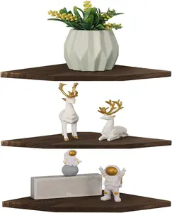 Corner Wall Shelves, Wood Corner Floating Shelves with Cable Raceway, Wall Mount Storage Display for TV Accessories, Monitor, Speaker (Carbonized Dark Brown, Diamond- 10 Inch)