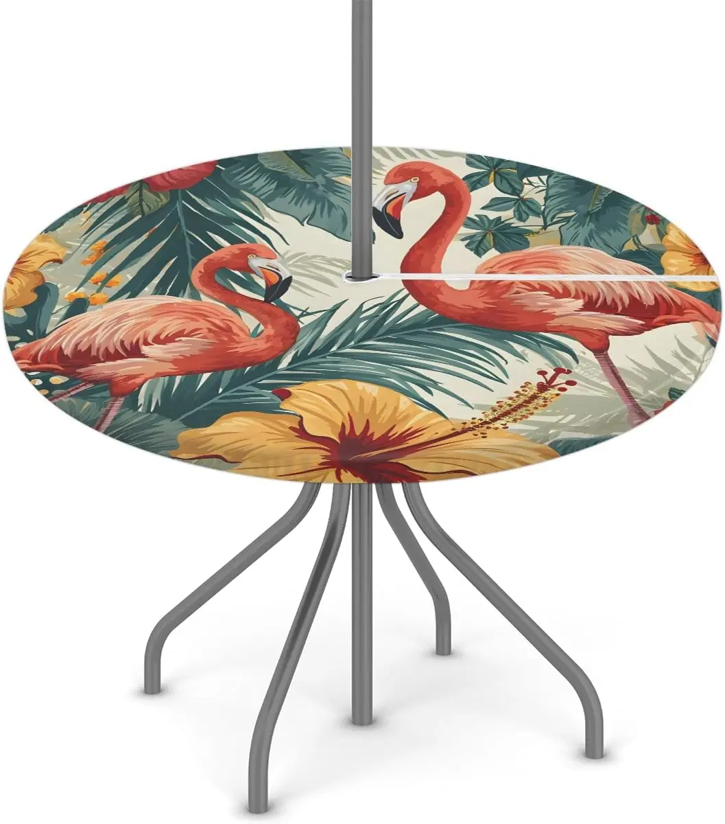 Tropical Red Flamingo Palm Hibiscus Elastic Fitted Patio Tablecloth, Waterproof Polyester Cover with Zipper Umbrella Hole, Non-Slip No-Sag Design for 36-56in Round Tables, Garden-BBQ Summer Decor