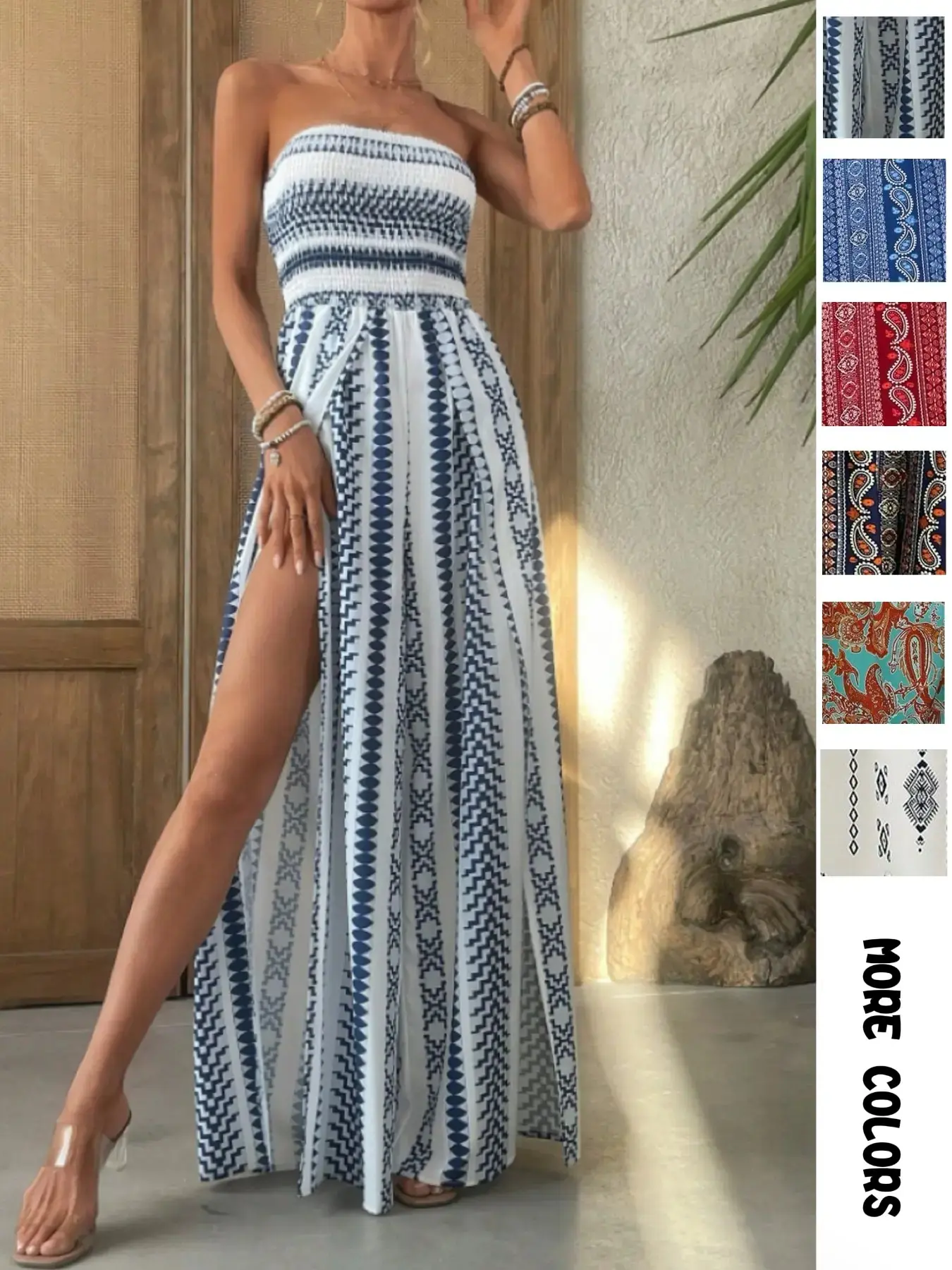 Spring Summer Boho Aesthetic Halter Romper, Beach Vacation Essential Beachwear, Womenswear, High Waist Lightweight Loose Fit, Slit, All over Print, Casual Style