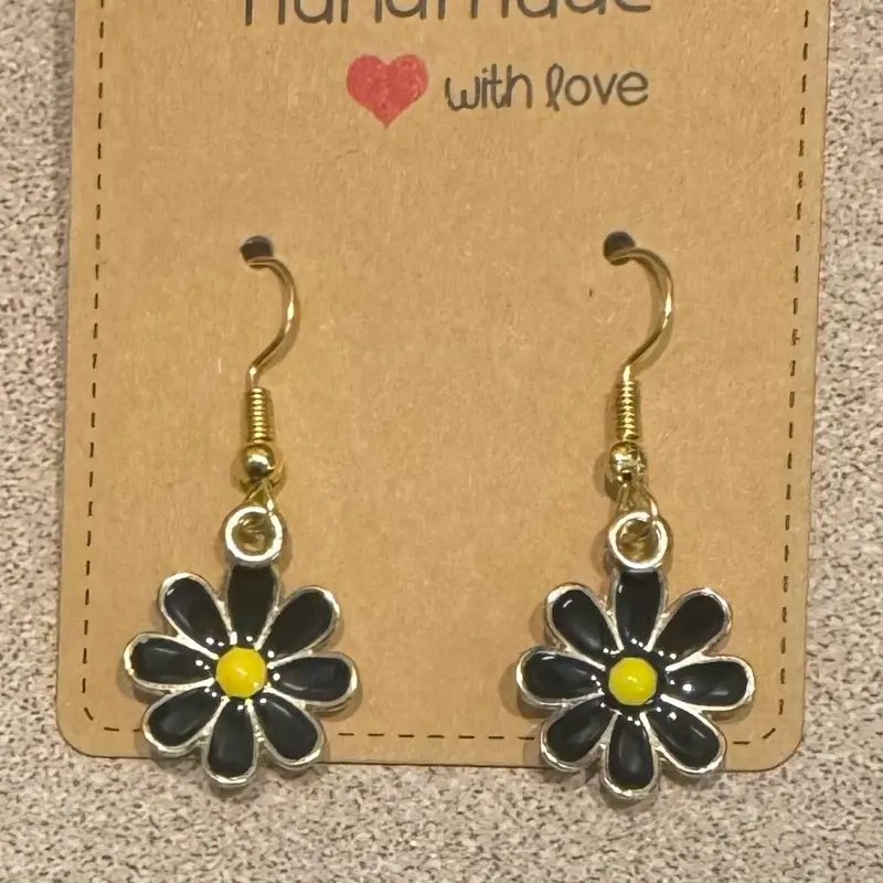 Handmade Dangle Earrings- BLACK FLOWER, GOLD