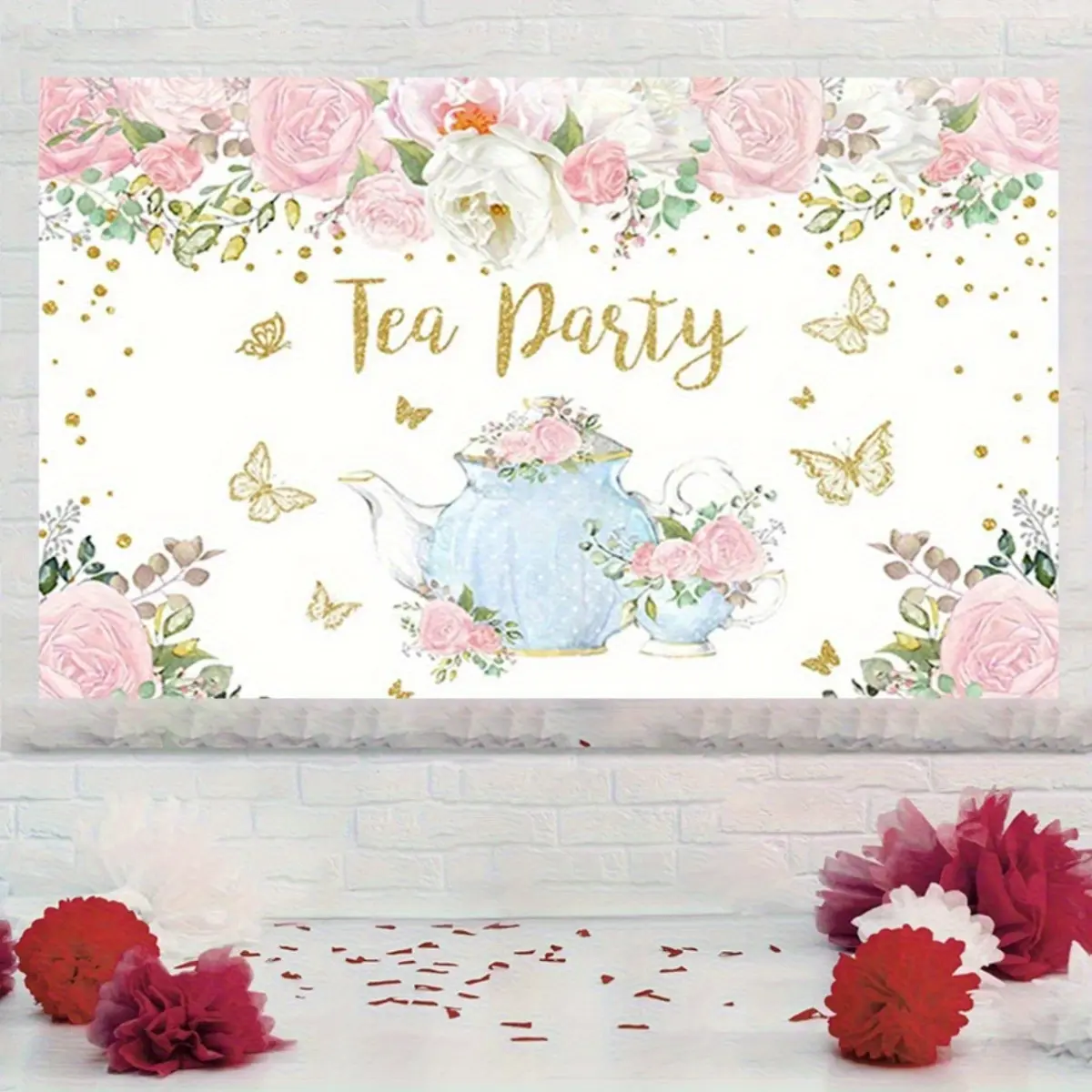 Elegant Floral Tea Party Backdrop - Pink Roses & Golden Accents, Polyester, Perfect for Bridal Showers, Birthdays, and Newborn Celebrations, Party Decoration | Floral Design | Durable Polyester, Tea Party Decorations