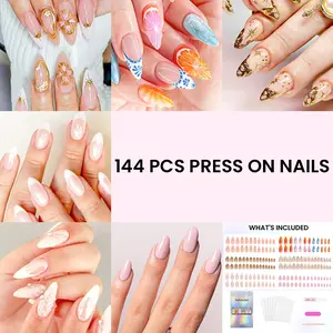 DIY Salon at Home | 6 Packs (144 Pcs) Coffin & Almond Press on Nails | Jelly Glue Included (Ready to Wear) | Reusable False Nails | Easy Removal