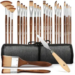 25 count  Brush Set, Professional  Brush Set with Cloth Roll and  Spatula, Nylon Brushes for  Painting,Watercolor,Oil,Gouache, Art Supplies for Beginners and Artists ()