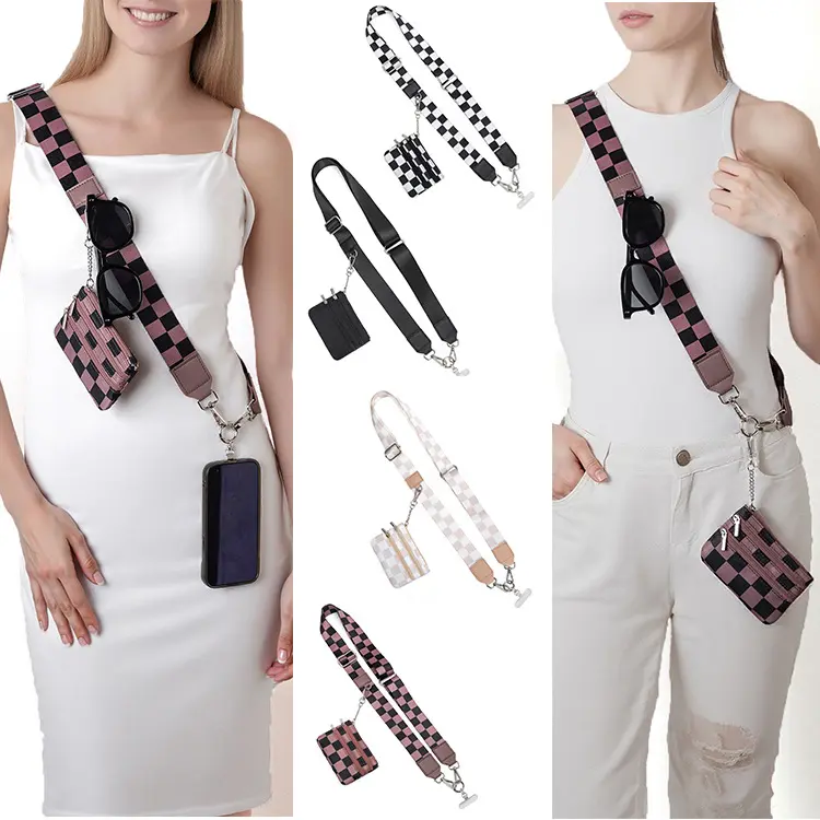Phone Wrist Strap Lanyard, Minimalist Checkerboard Fabric Accessory for Women with 2-in-1 Detachable Coin Purse, Accessories, Plaid, Detachable Bag Straps