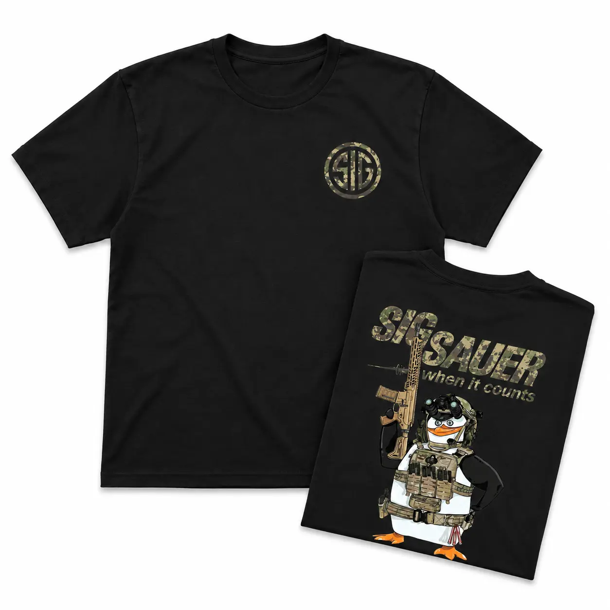 Sig Sauer Tactical Penguin Graphic T-Shirt, When It Counts 2A Shooter Tee, Funny Gun Enthusiast Streetwear, Range Gift for Sig Fans