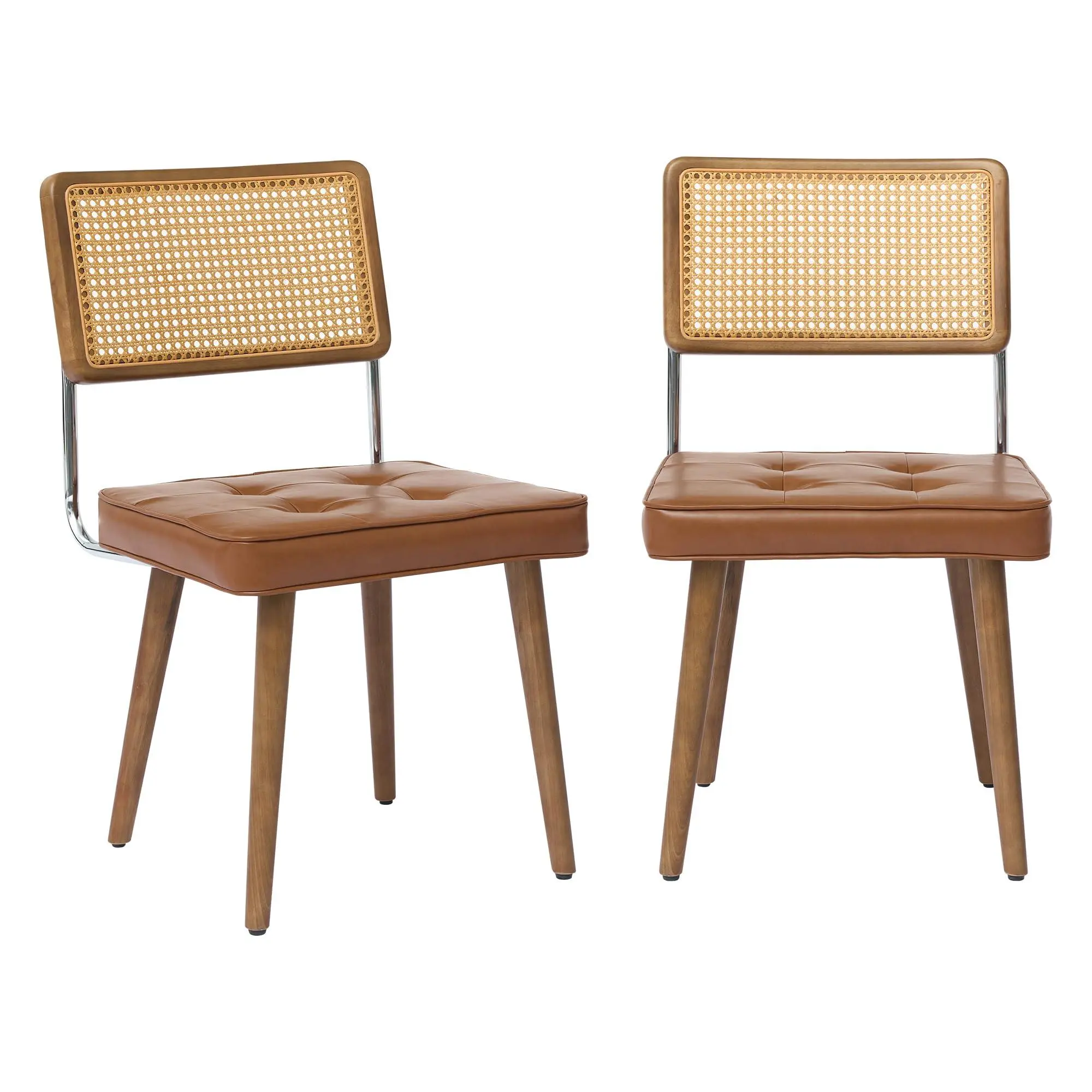 2pcs Boho Natural Rattan Dining Chairs - Breathable Rattan High Braided Backrest, Ergonomic Brown PU Leather Padded Seat with High-Density Foam, Solid Wooden Legs, for Kitchen, Dining Room, Breathable Rattan Backrest