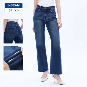 High Rise Women's  Wide Leg Jeans Casual Denim Pants For Spring Summer Bottoms Stretchable Style Womenswear Basic Minimalist Fabric Fit Straight Fitted Maxi Sapphire