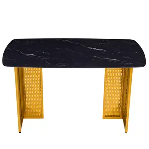 Marble Glass Dining Table for 6 Modern Rectangular Tempered Glass Top with Gold Metal Legs Luxury Minimalist Home Furniture 51.18" x 27.56" x 29.53"