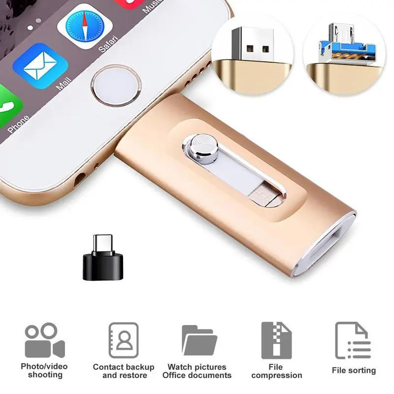 4 in 1 USB 3.0 Flash Drive for iPhone Type-C, 64GB/128GB/256GB/512gb/1tb, OTG Pen Drive, Micro USB Stick, iOS Android OTG Type C, USB Flash Drives