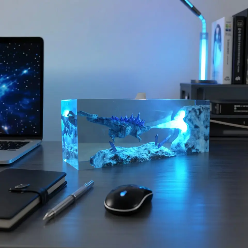 Handcrafted Godzilla Resin LED Lamp - Atomic Breath Epoxy Resin Night Light with Remote Control, Wood Base, RGB Multi-Color Lighting, 3D Monster Diorama, Gaming Desk Decor for Bedroom Office, Collectible Gift for Godzilla Fans & Gamers