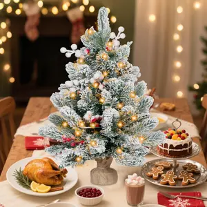 2FT Pre-lit Mini Christmas Snow Flocked Tree,Tabletop Artificial Christmas Tree with LED Lights, Small Xmas Pine Tree with Cloth Bag Base for Christmas Decor,12 Clusters Berry & 8 Pinecones