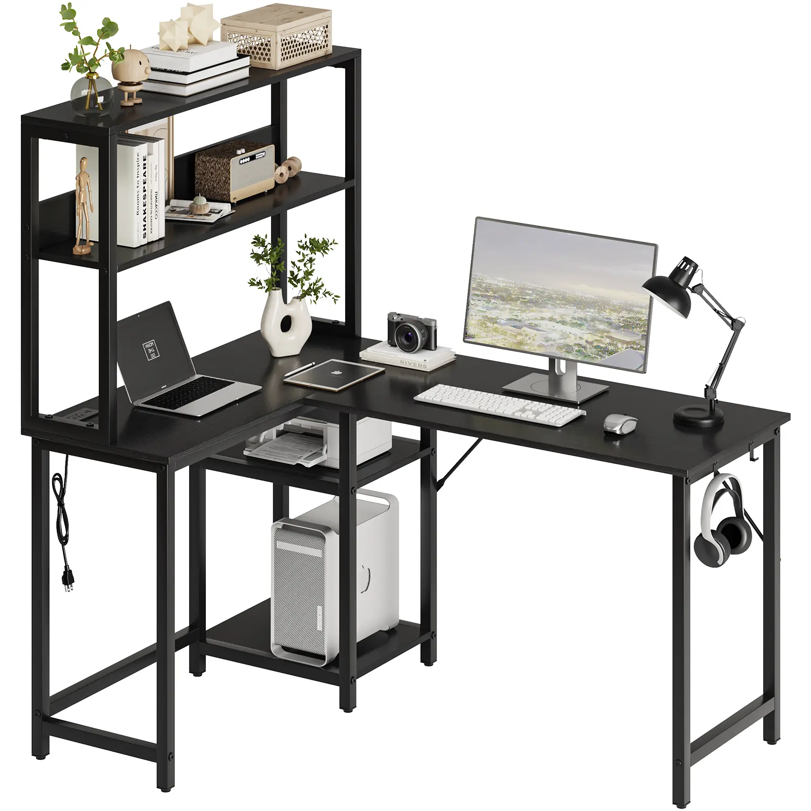 Computer Desk, L Shaped Corner Gaming Desk, Power Outlet | Reversible Corner Computer Table, Adjustable Shelf CPU Stand, CPU Stand Hook, Home Office