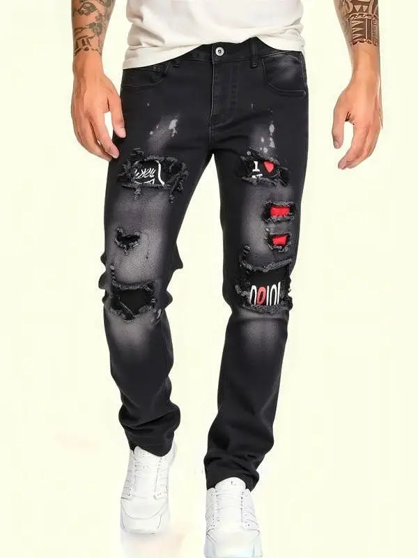 H046 Men's Ripped Graphic Patch Slim Fit Jeans Paint Splatter Black Denim Pants