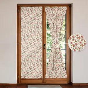 Linen  Door Curtains Set of 2, Elegant Country Style Red Rose Front Door Curtain Dual Rod Pocket Tiebacks Included, 25" W x 72" L