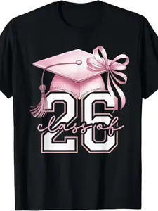 Class of 2026 Pink Grad Cap Vintage T-Shirt, 2026 Graduation Sweet Bow Tee, Oversized Crew Neck Commemorative Top