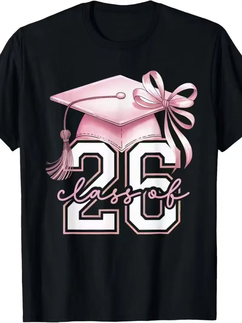 Class of 2026 Pink Grad Cap Vintage T-Shirt, 2026 Graduation Sweet Bow Tee, Oversized Crew Neck Commemorative Top