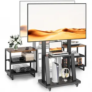 Rolling TV Stand with Mount for 32-75 Inch Screens Up to 120lb, Mobile TV Stand with Storage Shelves, Height Adjustable Entertainment Center for Living Room Bedroom Outdoor, Brown