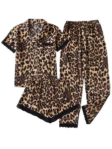 Elegant Women's 3-Piece Pajama Set Pyjamas Pjs with Short and Long Pants, Striped Print with Bow, All Seasons Casual Homewear Loungewear