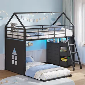 Hasuit Bunk Bed Twin Over Twin with 6 Storage Drawers and 3 Open Bins, House Bunk Bed with LED Lights, L-Shaped Low Bunk Beds with Safety Guardrail & Ladder, Metal Floor Twin Bunk Bed for Kids, Black