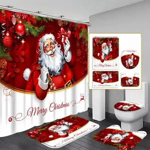 Christmas Themed Bathroom Decorations, 4 Countsset Including Shower Curtain & Toilet U-shape Mat & Bath Mat & Toilet Lid Cover, Bathroom Accessories
