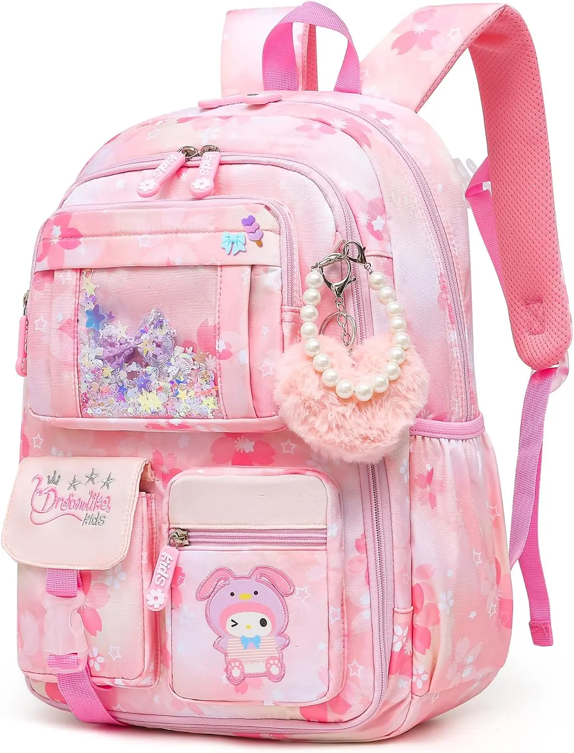 Lovely Girls Backpack School Bag for Students Kids Book Bag with Multiple Pockets Splash-proof Children's Backpack（17inch Pink）Gift.