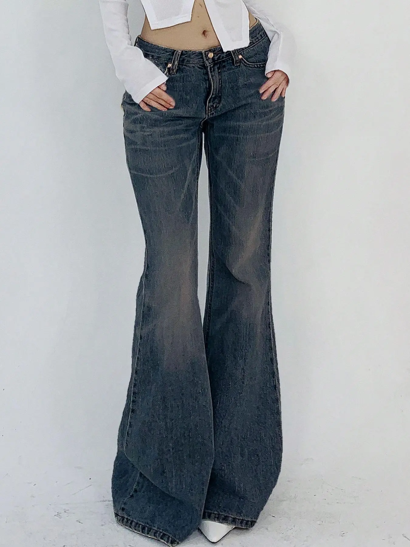 Women's Plain Basic Button Flare Leg Stretchy Flattering Jeans, Casual Fashion Pocket Design Denim Trousers Pants for Daily Outdoor Wear, Ladies Bottoms for Summer, Womenswear, Denim Clothing