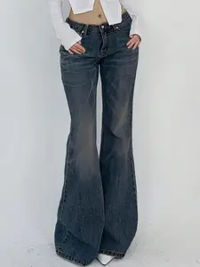 Women's Plain Basic Button Flare Leg Stretchy Jeans, Casual Fashion Pocket Design Denim Trousers Pants for Daily Outdoor Wear, Ladies Bottoms for Summer, Womenswear