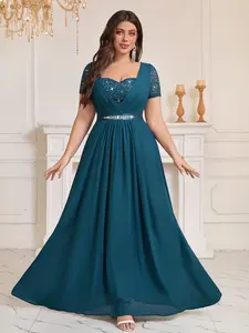 【Plus Size】MISSMAY P25737A Women's Plus Size Sweetheart V Neck Sequins Lace Contrast Rhinestones Ribbon Waist Chiffon Prom Formal Dress For Bridesmaid Event Formal Party Occasions