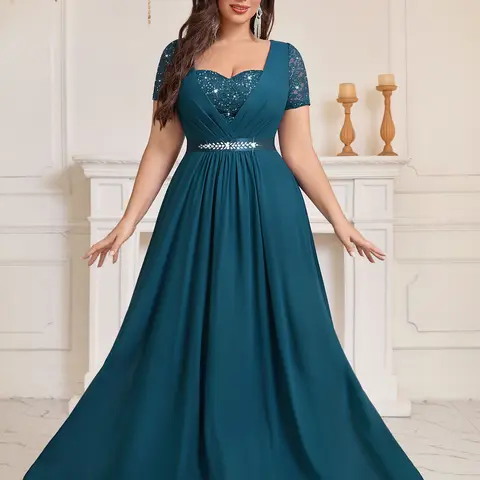 【Plus Size】MISSMAY P25737A Women's Plus Size Sweetheart V Neck Sequins Lace Contrast Rhinestones Ribbon Waist Chiffon Prom Formal Dress For Bridesmaid Event Formal Party Occasions