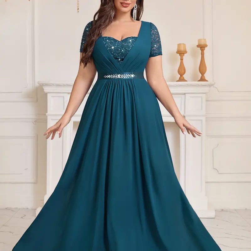 【Plus Size】MISSMAY P25737A Women's Plus Size Sweetheart V Neck Sequins Lace Contrast Rhinestones Ribbon Waist Chiffon Prom Formal Dress For Bridesmaid Event Formal Party Occasions